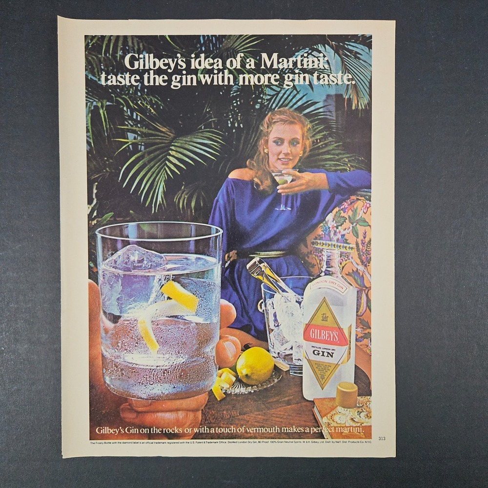 1982 W&A Gilbey's London Dry Gin Vintage Print Ad Woman Drinking Martini Bar